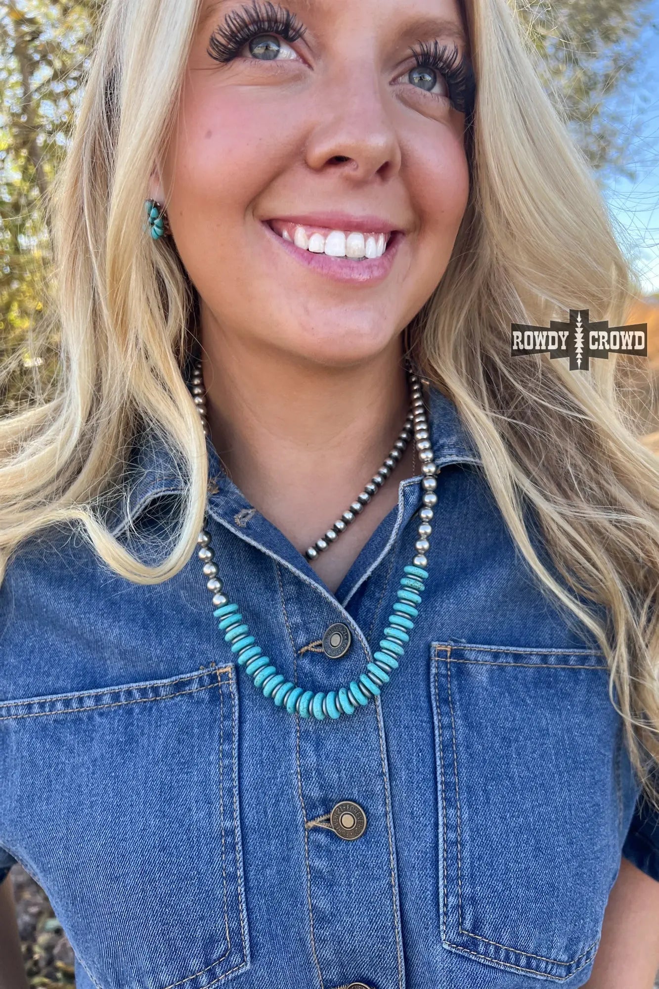 Mesquite Necklace with bold turquoise disc beads and western silver pearls, front view
